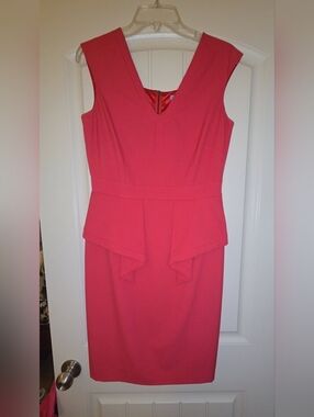 ANTONIO MELANI Coral Peplum V-Neck Midi Sheath Dress Size 6